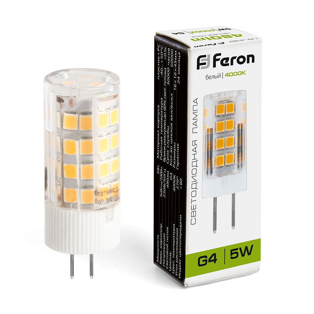 лампа светодиодная feron lb-432 25861 g4 4000к 5w, артикул 25861